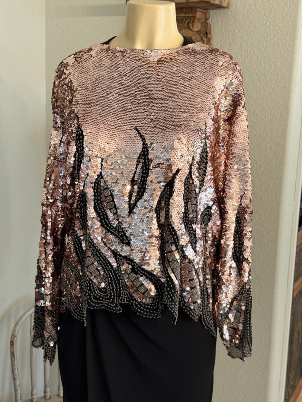 Oleg Cassini Hand Applied Pink Sequins&Glass Beads over Black Silk Dolman BLOUSE